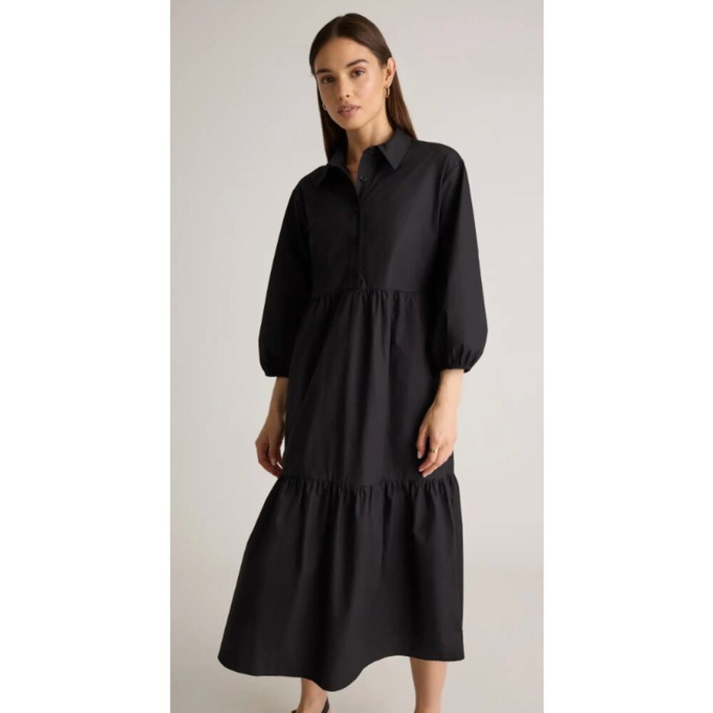 Quince 100% Organic Cotton Poplin Midi Tunic Dress Black Size L Pockets